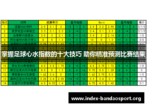 掌握足球心水指数的十大技巧 助你精准预测比赛结果 掌握足球心水指数的十大技巧 助你精准预测比赛结果